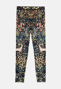 Sötét háttérrel és piros, sárga és kék virágmintával rendelkező leggings, stilizált állatmotívumokkal kiegészítve. Nyújtható anyag, testre simuló fazon.