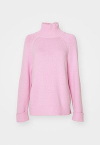 Rosa stickad tröja med hög krage, ribbade muddar och fåll. Har en avslappnad passform och mjuk textur med en enkel, odekorerad design.