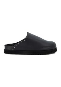 Black clogs with a smooth, matte finish and a fuzzy interior. Features silver studs along the top edge and a textured rubber sole.