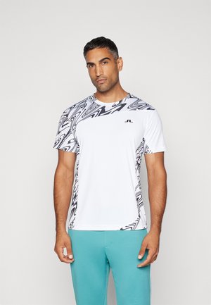 White athletic t-shirt with black abstract swirling pattern on shoulders and sides. Features short sleeves and crew neck design.
