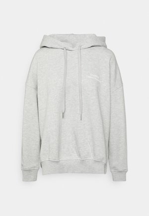 Grauer Kapuzenpullover aus weichem Stoff, mit einer Fronttasche, gerippten Bündchen und einem Kordelzug mit Metallenden. "CLOSED" Logo gedruckt.