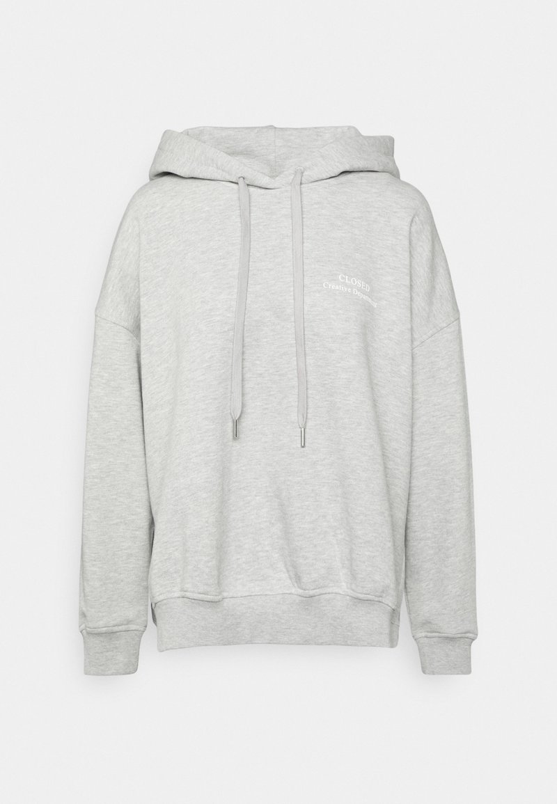 Sweat à capuche gris en tissu doux, doté d'une poche avant, de poignets côtelés et d'un cordon de serrage avec embouts métalliques. Logo « CLOSED » imprimé.