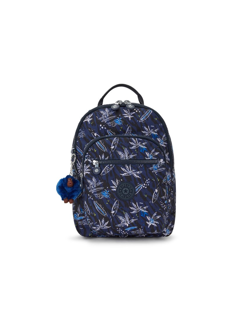 Zaino navy con motivo floreale in blu e bianco, dotato di una tasca con zip frontale, chiusura a doppia zip e un portachiavi a forma di scimmia blu.