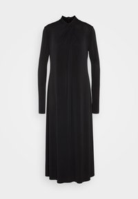 Mustapuku, jossa on pitkät hihat ja korkea kaula-aukko,  sekä laskostettu etuosa, valmistettu sileästä kankaasta, jossa on täyspitkä siluetti.