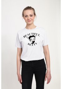 Camiseta de algodón blanca con un gráfico negro de un personaje de dibujo animado y el texto "BEAUTIFUL BETTY" en forma de arco arriba, de manga corta.