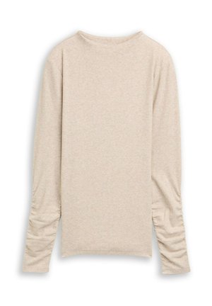 Beige long-sleeve top made of soft fabric, featuring a round neckline and gathered detailing on the sleeves for texture and shape.