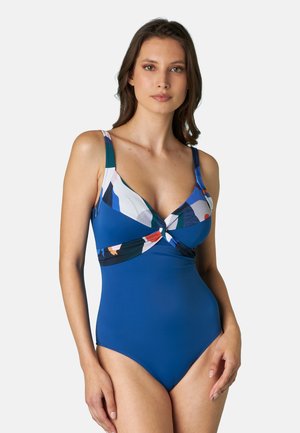 Costume da bagno intero di un blu solido con accessori a motivi multicolori sullo scollo e in vita. Presenta un design a scollo a V e spalline regolabili.