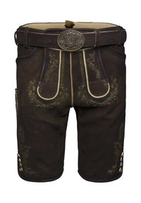 Pantalones cortos de cuero marrón con bordado floral decorativo, cinturón con hebilla ornamentada y botones decorativos en los lados. Diseño clásico bávaro.