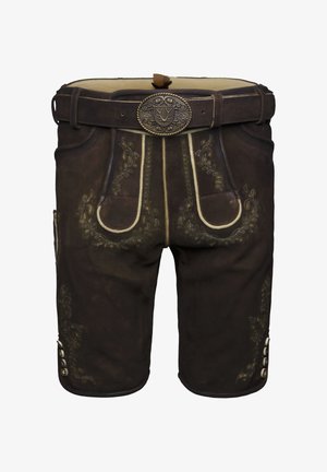 Braune Lederhosen mit dekorativer floraler Stickerei, Gürtel mit aufwendiger Schnalle und Knopfdetails an den Seiten. Klassisches bayerisches Design.