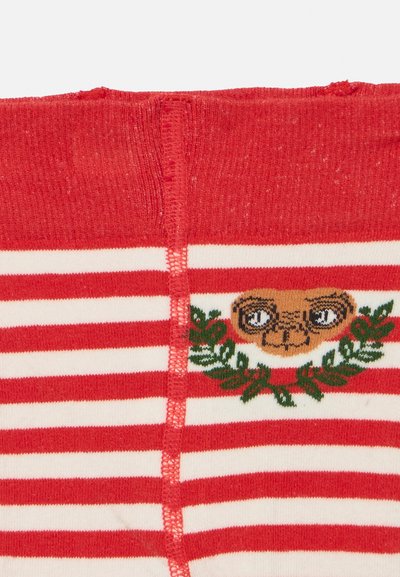 Červené a biele pruhované ponožky so vyšívanou postavičkou E.T. s veľkými očami a zeleným vencom. Mäkký pletený materiál.