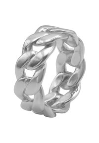 Anello in argento massiccio con catena spessa caratterizzata da anelli intrecciati con una finitura lucida, che mette in evidenza texture morbide e una forma audace e scultorea.