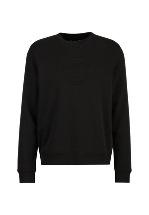 Schwarzer Pullover mit Rundhalsausschnitt, langen Ärmeln und einem strukturierten Wappenlogo mit dem Jahr "1969" und "ITALIA" in der Mitte.