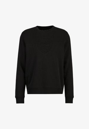 Zwarte sweatshirt met ronde hals, lange mouwen en een gestructureerd schildlogo met het jaar "1969" en "ITALIA" in het midden.