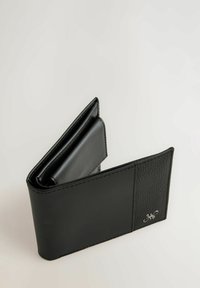 Black leather wallet featuring a smooth finish, textured side panel, and a small silver logo detail. Folded design with multiple compartments.