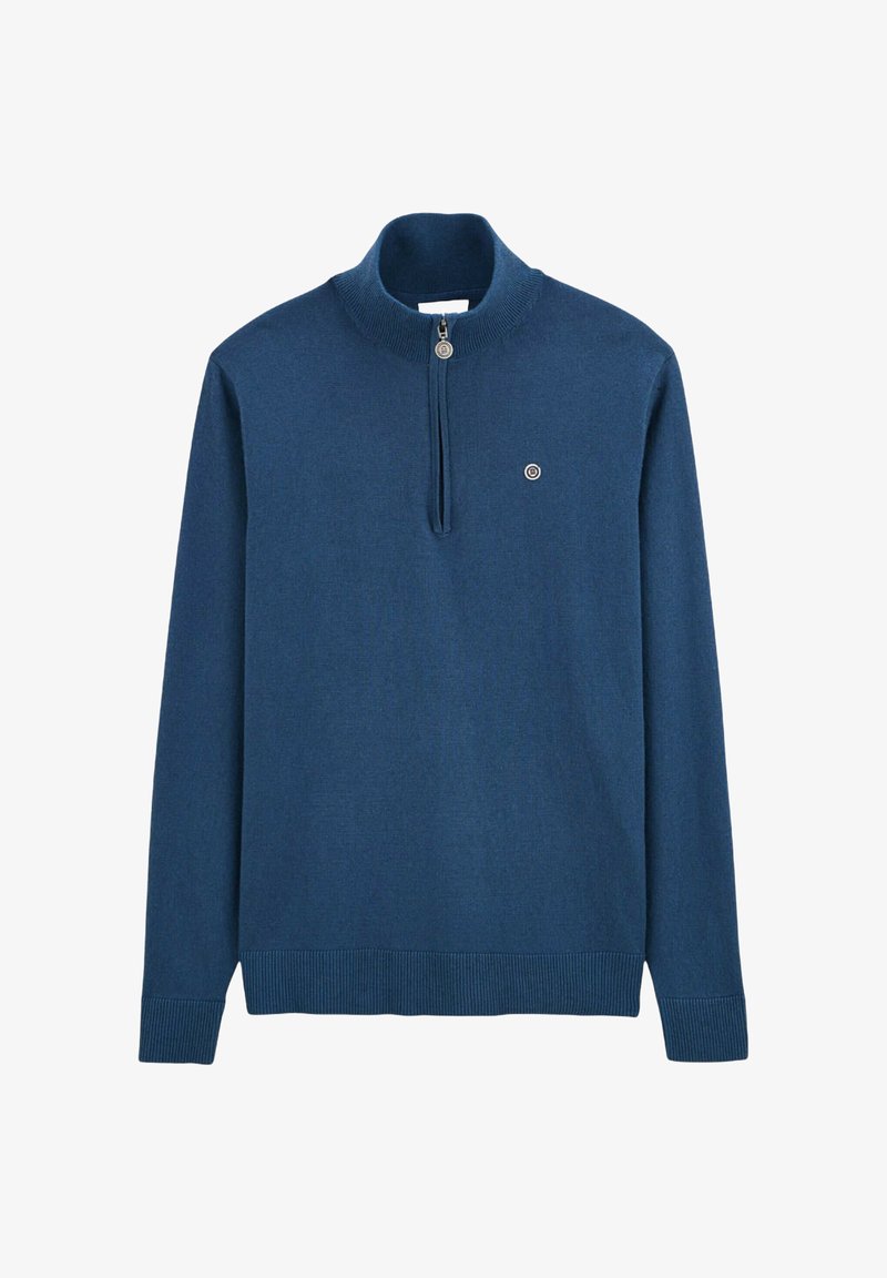 Pull en tricot bleu avec un col haut et une fermeture éclair quart sur le devant. Comprend des poignets et un ourlet côtelés, ainsi qu'un petit logo sur la poitrine.