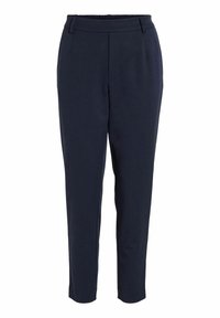 Tummansininen kapeneva housut, joissa on sileä pinta, joustava vyötärönauha ja kaksi etupielusta, jotka antavat istuvan ilmeen.