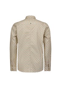 Lange mouwshirt van lichte stof met een geometrisch patroon in beige, groen en rood. Kenmerkt zich door een standaard kraag en knoopmanchetten.