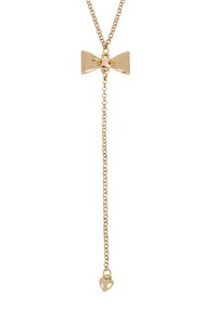 Collana in tono dorato con un pendente a forma di fiocco dal finish liscio, attaccata a una delicata catena con un charm a forma di cuore all'estremità.