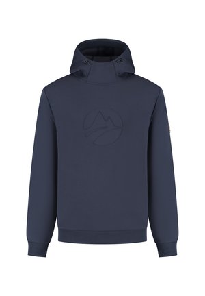 Marineblauwe pullover hoodie van zacht materiaal, met een hoge hals, verstelbare trekkoorden en een subtiel berglogo op de voorkant gedrukt.