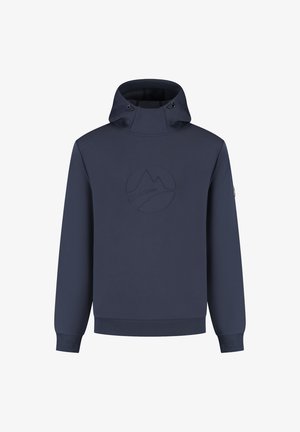 Marineblauwe pullover hoodie van zacht materiaal, met een hoge hals, verstelbare trekkoorden en een subtiel berglogo op de voorkant gedrukt.