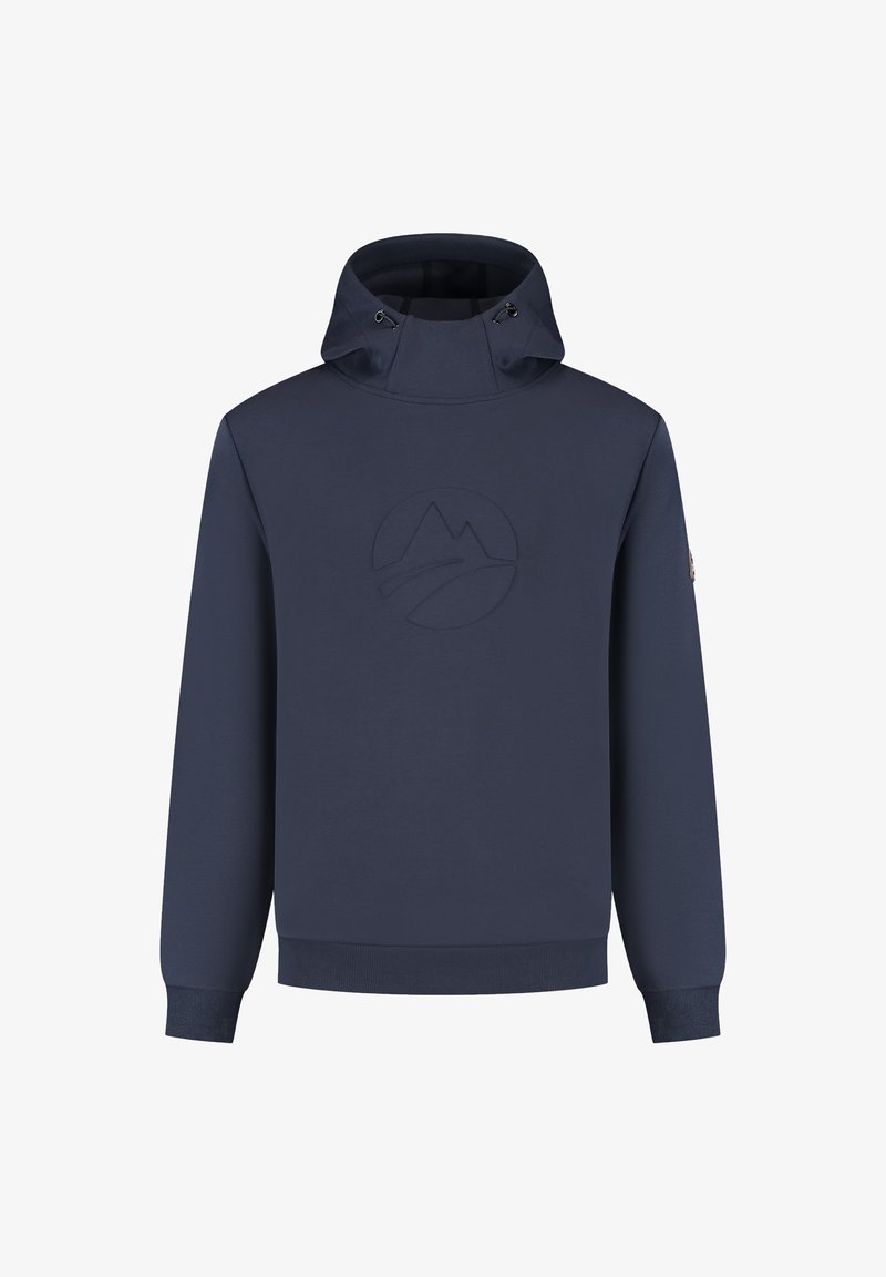 Marineblauwe pullover hoodie van zacht materiaal, met een hoge hals, verstelbare trekkoorden en een subtiel berglogo op de voorkant gedrukt.