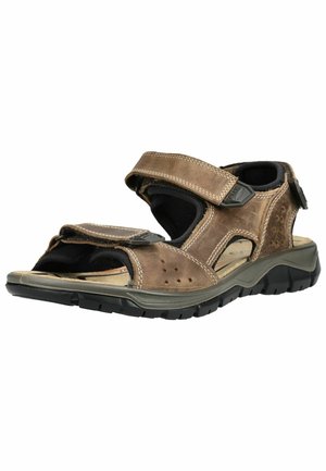 Sandalo da esterno marrone e nero con cinturini regolabili in Velcro e suola spessa in gomma, progettato per comfort e durata.