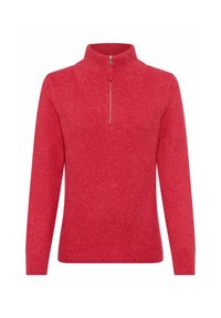 Roter Pullover mit Stehkragen und einem halben Reißverschluss. Mit gerippten Akzenten an den Schultern und am Saum. Weicher, strukturierter Strickstoff.