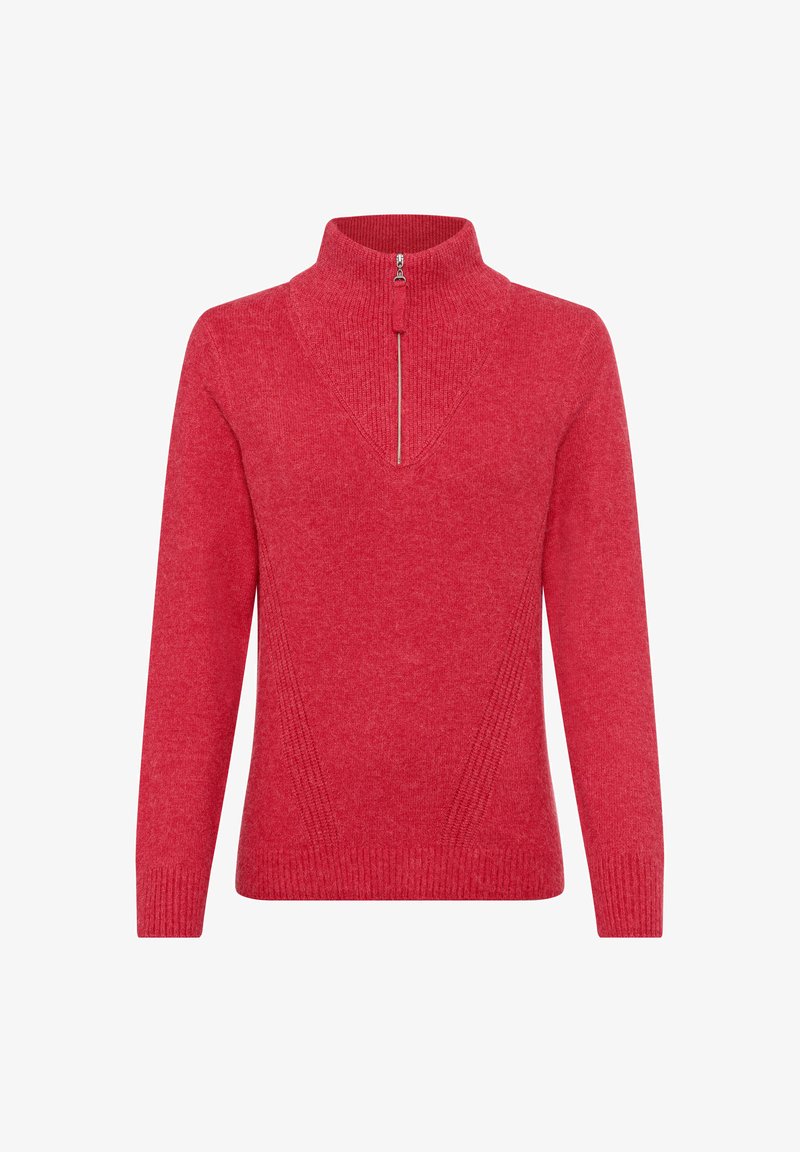 Roter Pullover mit Stehkragen und einem halben Reißverschluss. Mit gerippten Akzenten an den Schultern und am Saum. Weicher, strukturierter Strickstoff.