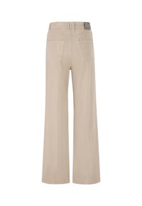 Wide-leg corduroy trousers in light beige. Features a high waist, patch pockets on the back, and subtle ribbed texture.