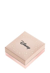 Scatola regalo quadrata a tema Disney di un tenero rosa, con stelle in rilievo e un logo nero, dalla superficie liscia e una base rosa in contrasto.