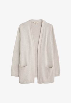 Helehall avatud esiosaga kootud kardigan pikkade varrukatega ja kahe eest taskuga, esitatud lamedalt valgel taustal.