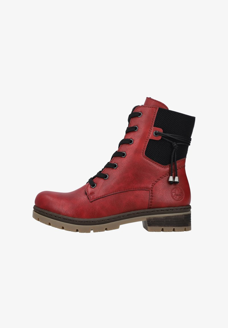 Red leather ankle boots with a textured black mesh upper, round toe, lace-up front with metallic eyelets, and a low block heel.