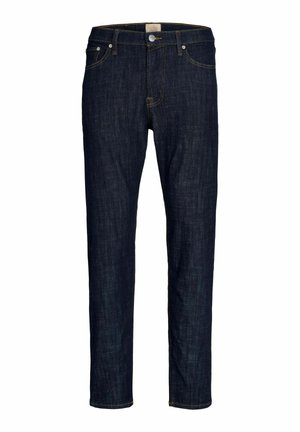 Jean en denim bleu foncé à coupe droite, avec cinq poches et des surpiqûres jaunes contrastantes. Comprend une fermeture par bouton et fermeture éclair.