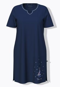 Marineblauwe jurk met korte mouwen, een witte rand bij de halslijn, een klein zeilbootje als afbeelding en de tekst "Neem me mee" vlak bij de zoom.