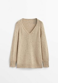 Beige knit sweater with a v-neck, long sleeves, and ribbed cuffs and hem. Textured fabric with a loose fit.