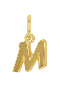 Ciondolo a forma di lettera "M" in oro con finitura lucida. Presenta un anello per il fissaggio. Design audace e angolare con dettagli di texture minimi.