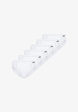 White cotton briefs in a pack of six, featuring black stitching details and a small black logo tag on the waistband.