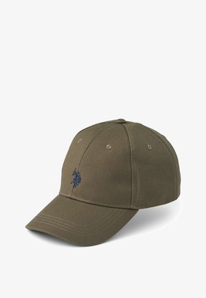 Olívovo zelená bavlnená baseballová čiapka s zakriveným šiltom a modrým vyšitým logom na prednej strane. Dizajn so šiestimi panelmi s očkami.