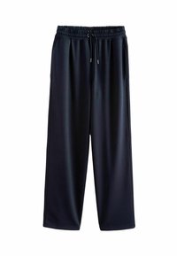 Marineblaue Jogginghose mit elastischem Taillenbund und verstellbarem Kordelzug. Gerade Beine und glattes, leichtes Material. Keine sichtbaren Taschen.