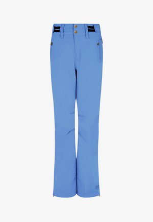 Helle blaue Skihosen mit geradem Bein, verstellbarem Bund mit Knöpfen und schwarzen Akzenten am Taillenbund; wasserdichtes Material.