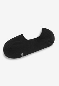 Schwarze, niedrig geschnittene Socke mit strukturiertem Strick, runder Zehenpartie und elastischem Bund. Mit kleinem weißen Logo in der Nähe der Ferse. Glatte Oberfläche.