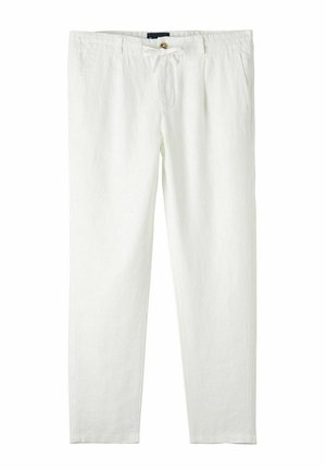 Pantalons en lin blanc avec une taille à cordon, fermeture à bouton, coupe décontractée et jambes droites, présentant une texture lisse et un design minimaliste.