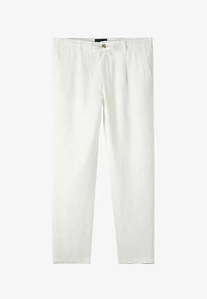 Witte linnen broek met een trekkoord in de taille, knoopsluiting, relaxte pasvorm en rechte pijpen, met een gladde textuur en een minimalistisch ontwerp.