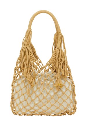 Beige geflochtene Tasche mit einem Netzdesign, ausgestattet mit strukturierten Quasten und einem weichen, unstrukturierten Innenfutter. Die Griffe sind geflochten für besseren Griff.