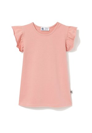 Miękka różowa sukienka dla malucha z krótkimi, falbankowymi rękawami i okrągłym dekoltem, przedstawiona na białym tle.