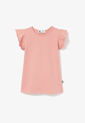 Miękka różowa sukienka dla malucha z krótkimi, falbankowymi rękawami i okrągłym dekoltem, przedstawiona na białym tle.