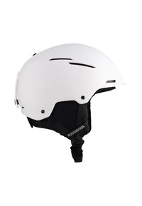 Valkoinen hiihtokypärä tuuletusaukoilla, mustalla sisäpehmusteella ja säädettävällä leuansuojalla, sivussa brändäyslabeli.