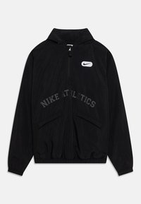 Black Nike Athletics windbreaker with a half-zip front, hood, elastic cuffs, and two front pockets. Features a white logo on the chest.