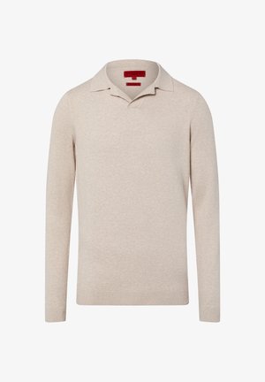 Beige long-sleeve polo sweater with a classic collar and ribbed cuffs. Soft knit fabric with a smooth texture. Red label at the neck.