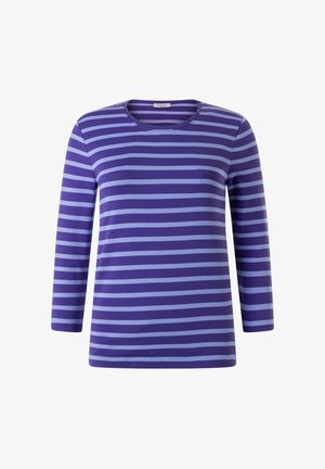 Lila Langarm-T-Shirt mit horizontalen Streifen in helleren Blautönen. Verfügt über einen runden Ausschnitt und einen lockeren Schnitt.